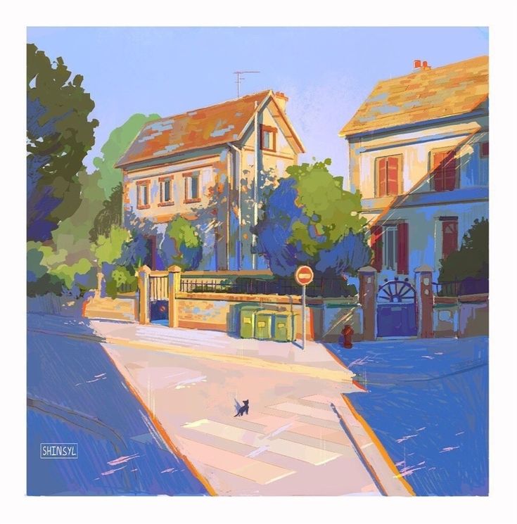 this is a digital painting of a street corner in a europeanlooking neighborhood. it appears to be morning or early afternoon on a sunny, summer day. two houses sit on a street corner, one partially obscured by the other in the foreground. the house in the foreground is mostly shaded, while the house in the background is bathed in sunshine.  the houses are light brown and tan with green and reddishorange accents. both houses have lush green trees in front of them. the street and crosswalk are a light gray color. a black cat walks across the crosswalk toward the viewer. the sky is a clear, pale blue.