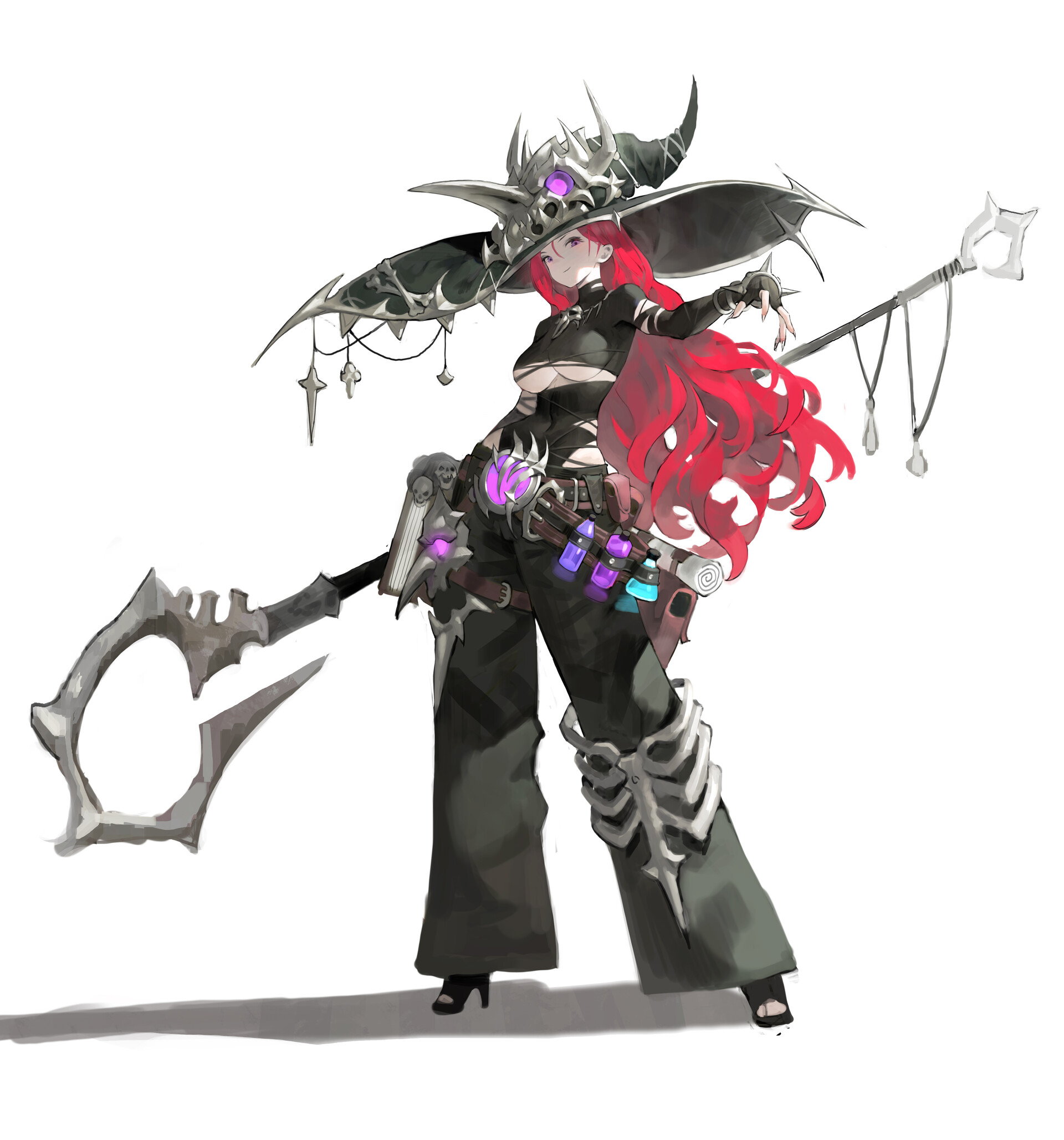an illustration of a woman dressed as a witch in a fantasy style. she has long, red hair and wears a black outfit with a widebrimmed hat adorned with horns and a purple gem. she carries a staff in her left hand and has potions and a book attached to her belt. she also wears bonelike armor on her legs.
