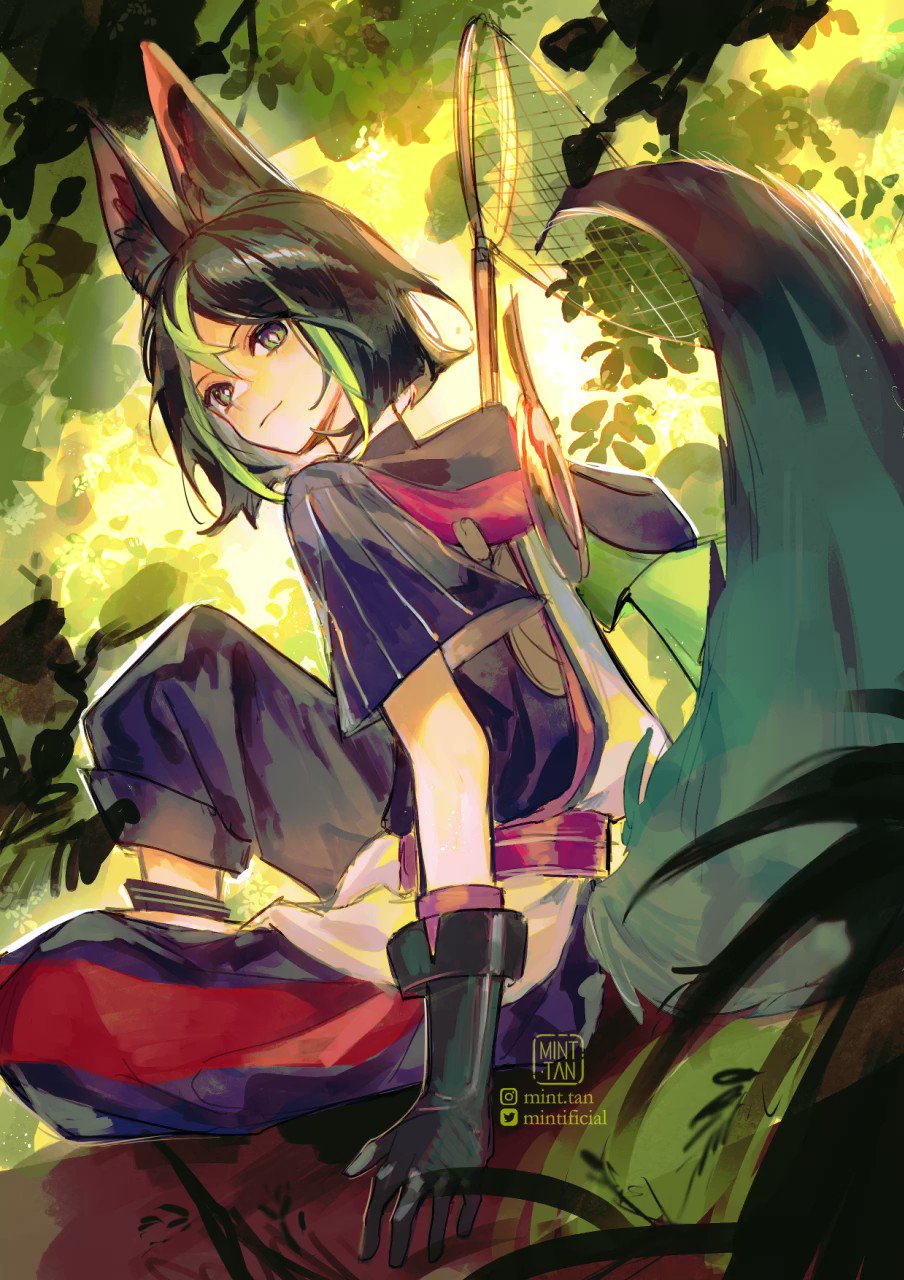 this is a digital painting of an anime girl with black hair and green highlights. she has fox ears and a tail. she is wearing a red and black outfit with black gloves and is sitting on a rock in a forest. behind her is a net, and the sun is setting in the background.