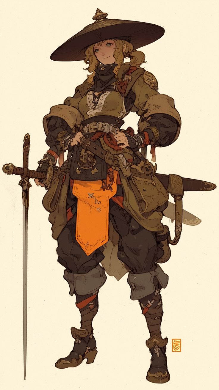 the image is a digital painting of a female fantasy warrior. she is standing in a threequarter view, her body slightly angled to the left. she is wearing a large, widebrimmed hat reminiscent of an asian design, a longsleeved green and brown jacket over a lightercolored shirt, an orange sash, dark pants and boots, and carrying a sword.  she has blonde hair styled in a ponytail and is smiling slightly. her attire includes various pouches and straps suggesting a seasoned traveler or adventurer. the style of the illustration is clean and detailed, with a focus on clothing and equipment textures. the background is a simple offwhite, emphasizing the character design.