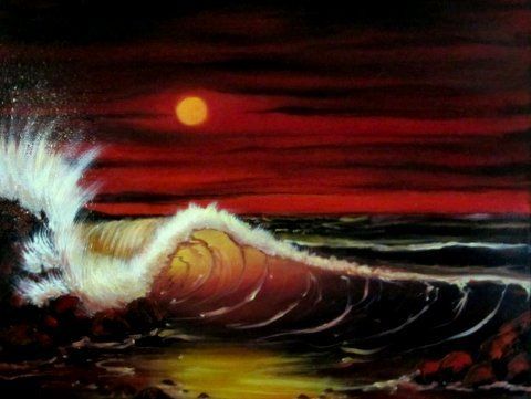 the image is a painting of a dramatic sunset over the ocean. the sky is a deep red, with a bright orange sun low on the horizon. a large wave is crashing on the shore, illuminated by the setting sun. the overall tone of the painting is dark and moody.