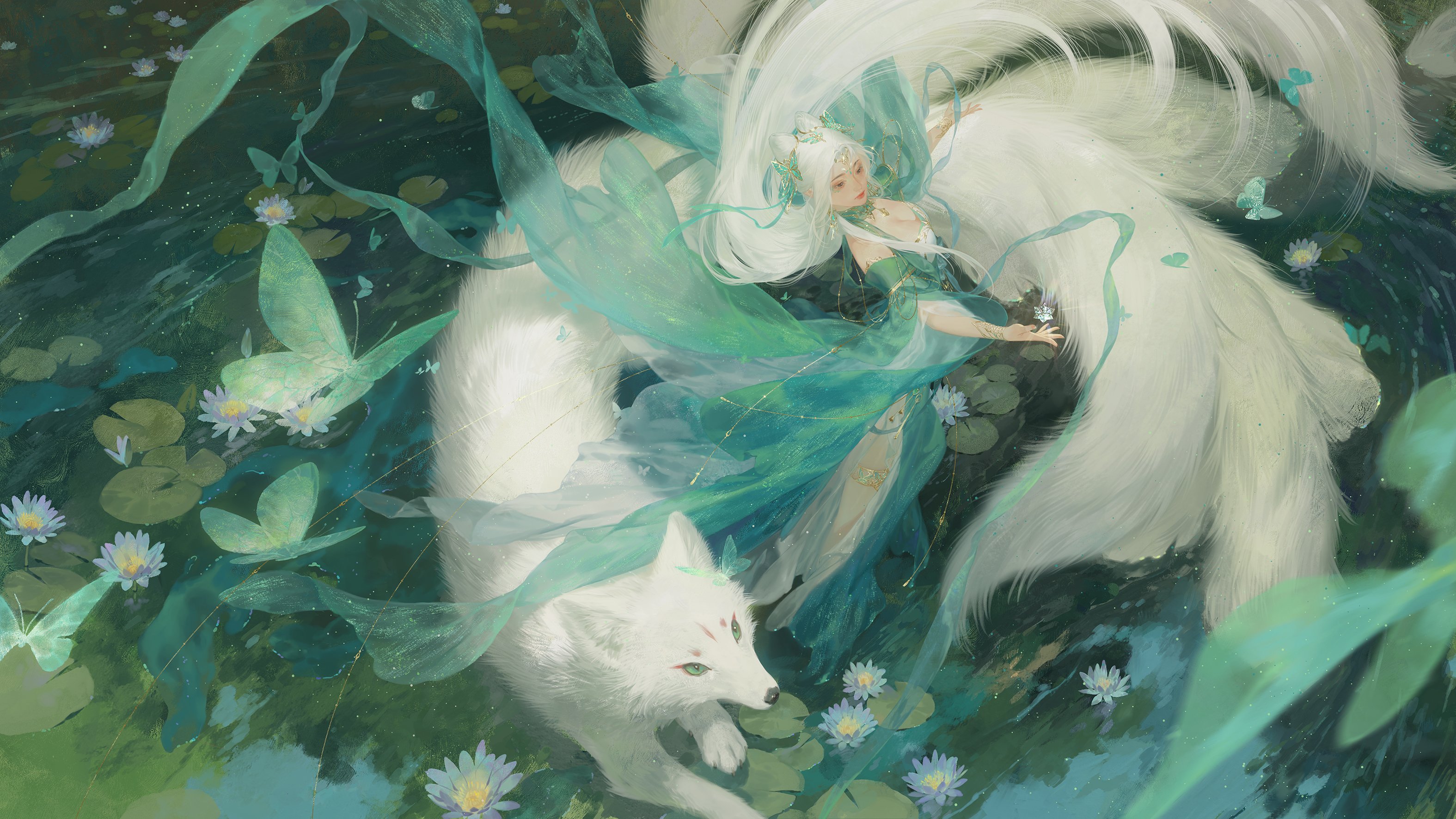 the image showcases a woman with flowing white hair, adorned in flowing green and white robes, intertwined with a white fox in a serene water lily pond. the woman, possibly a kitsune given the fox companion and ethereal nature, seems to float amidst the water lilies.  the scene is bathed in soft, natural light, creating a dreamlike and mystical atmosphere.