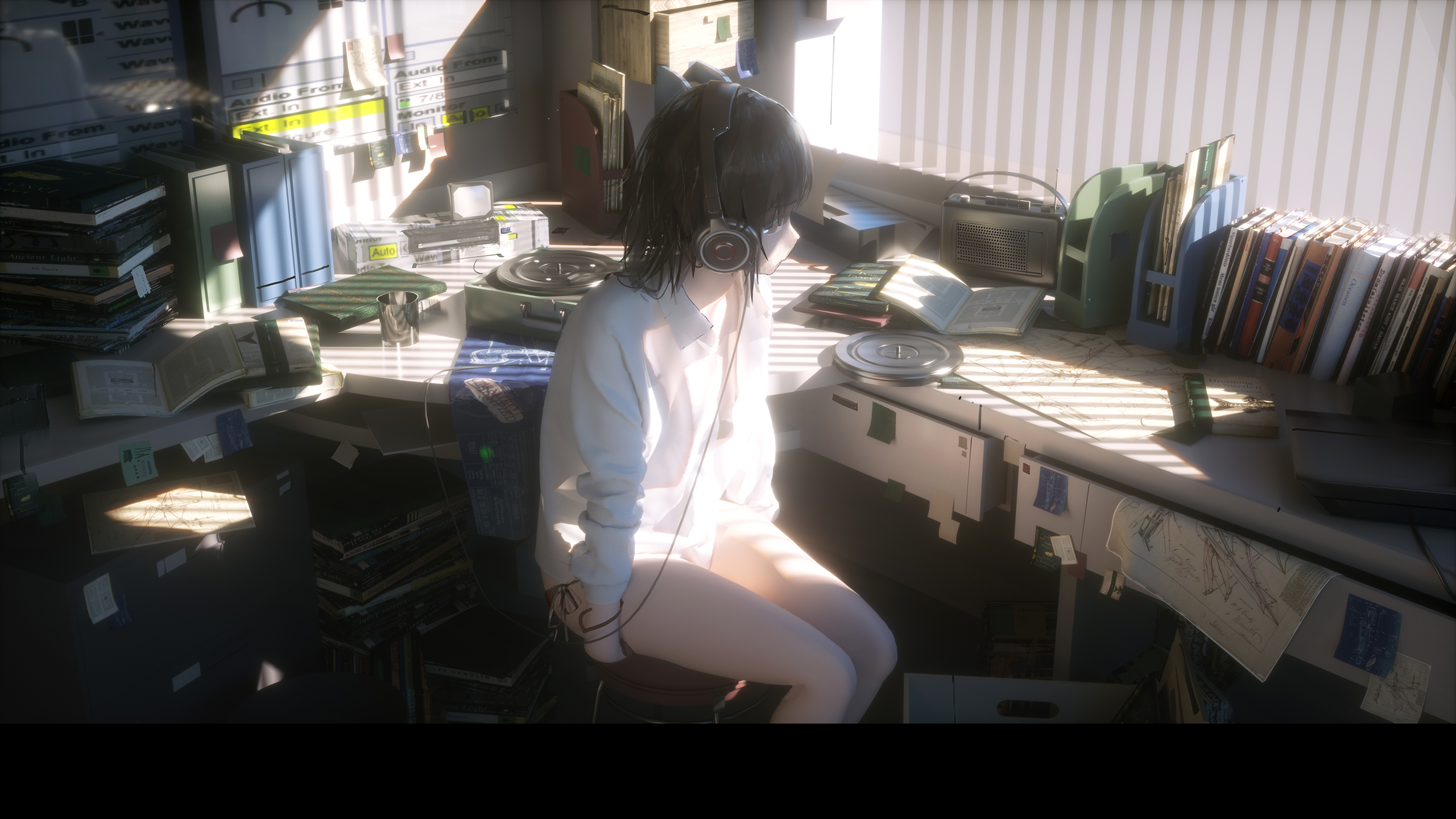 the image is a 3d rendering of an animestyle girl with short dark hair, wearing headphones and a white shirt. she is sitting in a chair at a very cluttered desk filled with books, cds, records, and vintage electronic equipment. sunlight streams in from a window, illuminating dust particles in the air. the overall mood is peaceful and relaxing, with a retro aesthetic. the level of detail is high, with textures and lighting effects creating a realistic feel. the scene is a mix of organized chaos, suggesting a creative workspace.