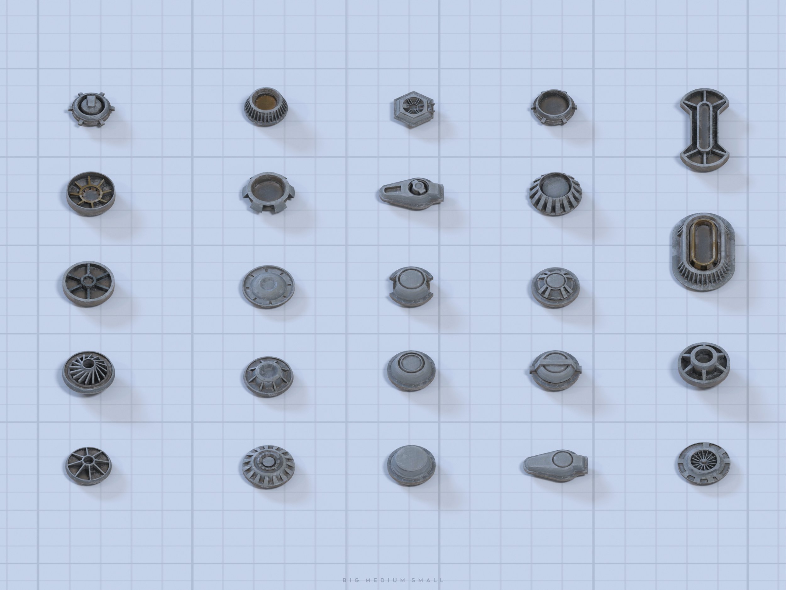 the image shows a grid arrangement of various 3dprinted miniature parts.  these small, grey plastic pieces are of different shapes and sizes, suggesting components for a model or miniature game.  they're displayed against a light grey grid background, with "big medium small" subtly labeled in the bottom right corner, implying size variations within the collection. the overall aesthetic is industrial and possibly scifi themed.
