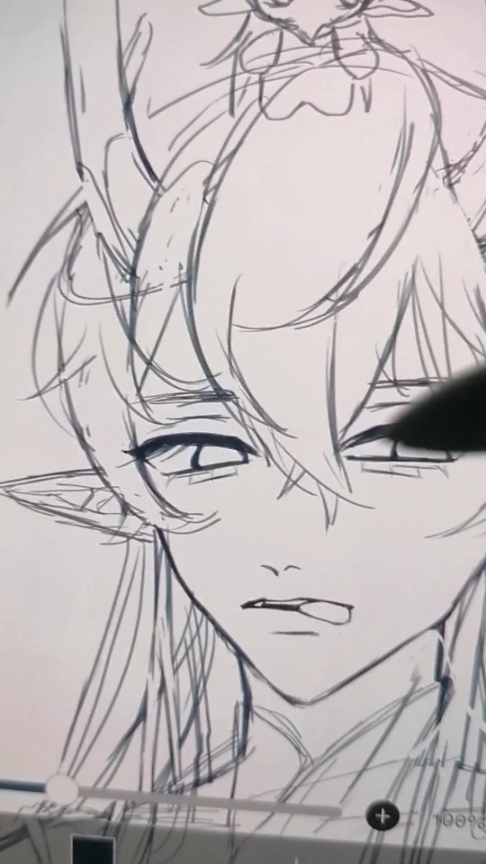 a closeup shot of a digital drawing in progress on a graphic tablet.  the artist is working on the face and hair of an animestyle female character with elflike ears.  the character has long hair and a serious expression. the drawing is primarily black ink lines on a white background, showing the process of inking and detail work. a stylus is partially visible in the upper right corner.  the image shows a stage where line art is nearly complete before shading or coloring.