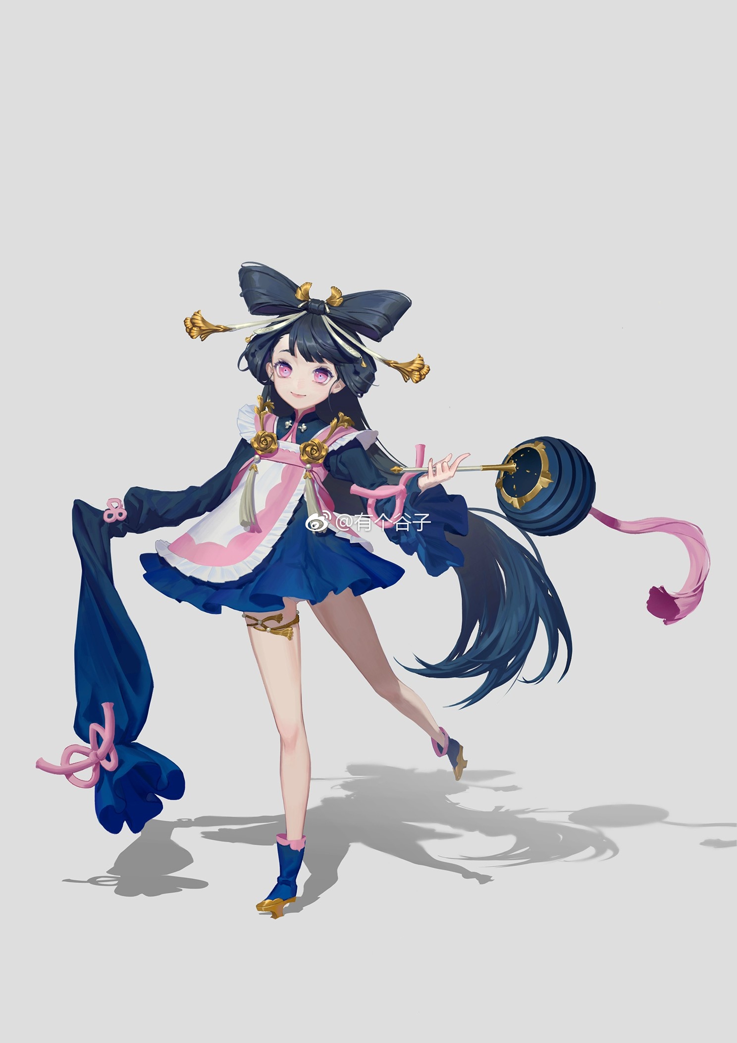 a fullbody anime illustration of a girl in a blue, pink, and white dress with gold accents. she has long black hair with large decorative bows, purple eyes, and is holding a blue and gold staff with ribbons. she is smiling and appears cheerful.