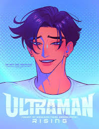 the image is a digital illustration of a man, designed in the style of a comic book cover. the man has dark hair and tan skin, and he is smiling slightly. he is wearing a white tshirt. the background is a bright blue with a dot pattern, and the words "ultraman rising" are written in white and pink. the overall style of the illustration is bright and colorful, with a focus on line work and bold shapes.