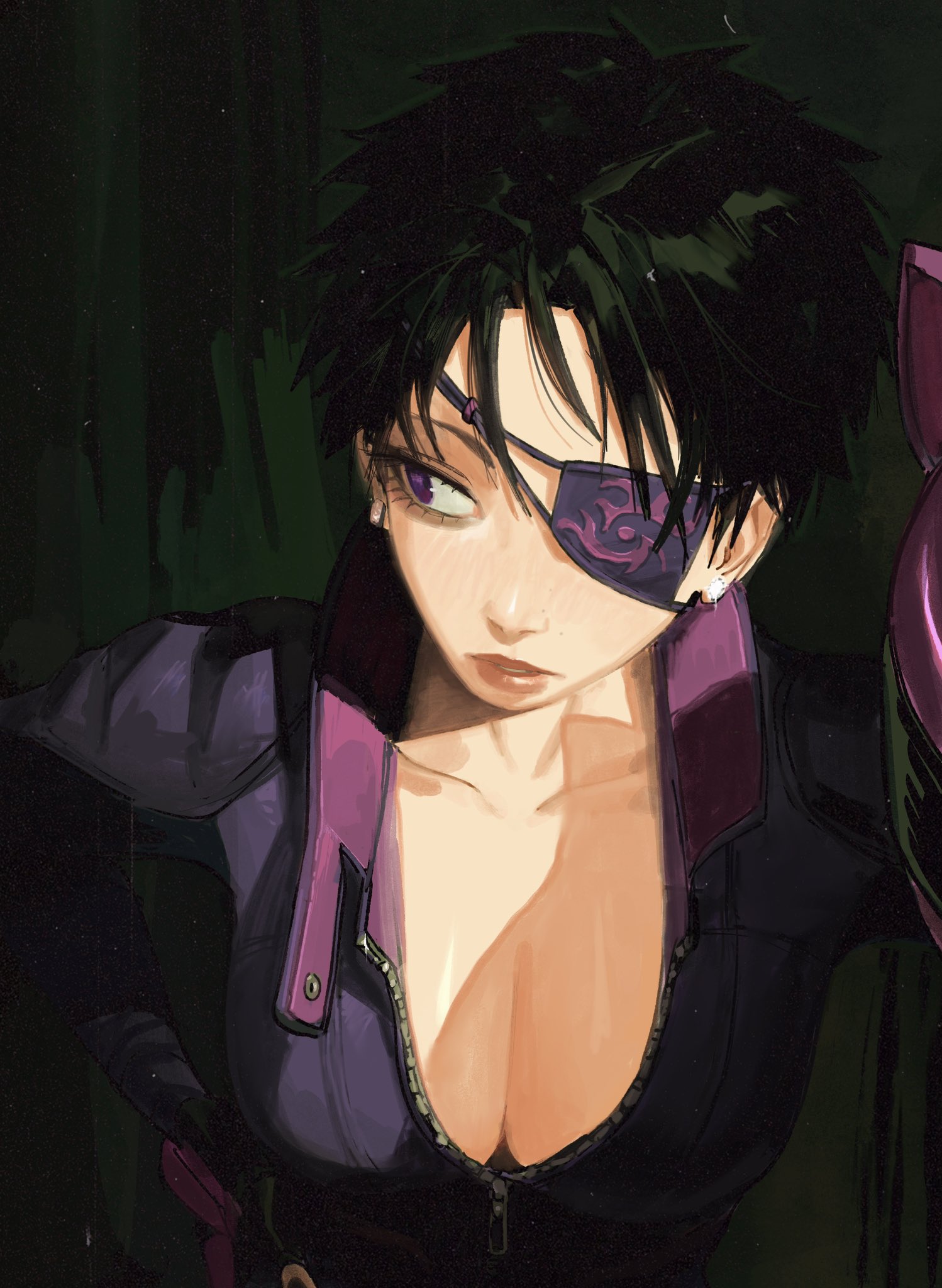 he image is a stylized digital painting or illustration of a young animestyle woman. she has short, dark hair and is wearing a dark purple jacket that is slightly unzipped, revealing some cleavage.  she has an eyepatch over her left eye, which has a purple design. her expression is serious and intense. the style is painterly and expressive, with visible brushstrokes and a focus on strong colors and contrasts. the background is dark and indistinct, focusing attention on the woman's features. the overall aesthetic is a blend of dark fantasy and edgy fashion.