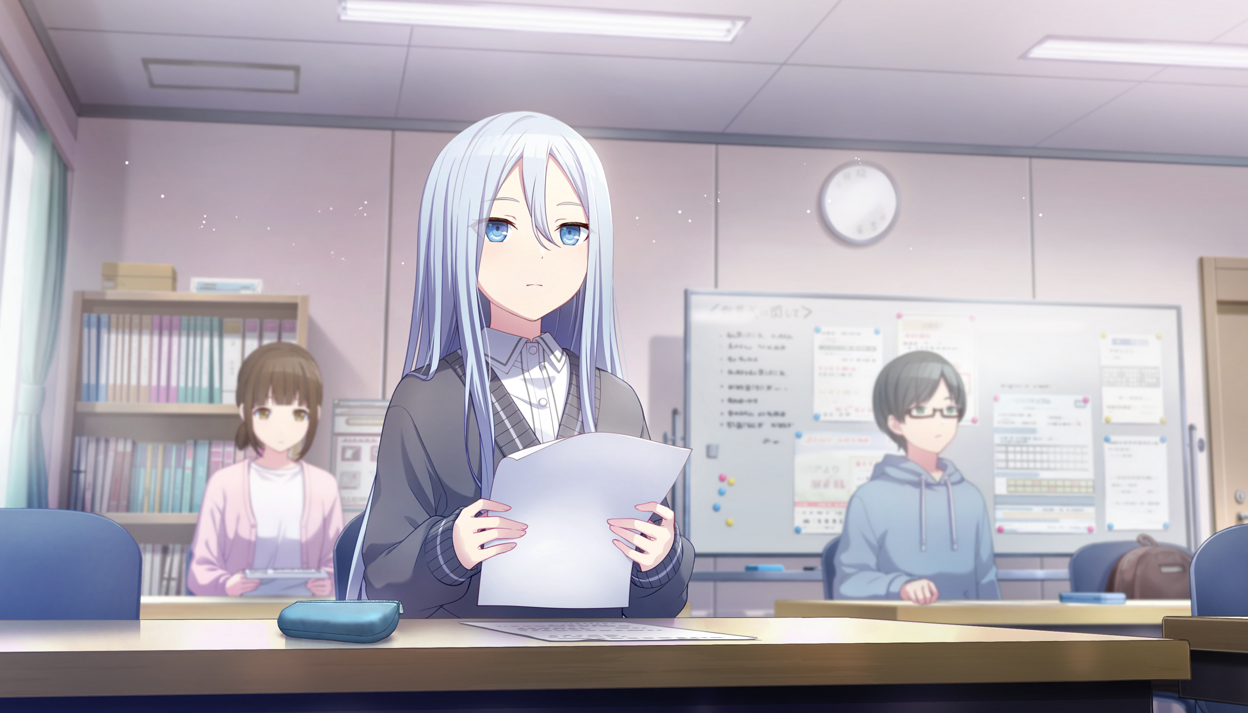 the image is an animestyle scene set in a classroom. in the foreground, a girl with long, light blue hair is standing, holding a white document. she has blue eyes and is wearing a gray cardigan over a collared shirt. her expression is neutral or slightly serious. to her left is a blue pencil case on the desk. in the background, there is a girl with brown hair and brown eyes sitting at a desk, wearing a pink cardigan. further to the right, a boy with short dark hair and glasses is also seated at a desk, wearing a light blue hoodie. behind them is a whiteboard covered in notes and posters, a bookcase filled with books and folders, and a clock on the wall. the overall scene suggests a presentation or a study session in a school setting.