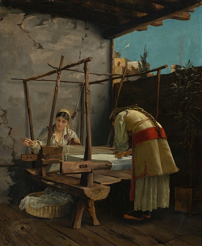 this is a painting depicting two women engaged in the craft of weaving indoors. one woman is seated at a wooden loom, actively working on the textile, while the other stands beside her, possibly assisting or overseeing the process. both are wearing traditional clothing, and a basket filled with yarn or raw materials sits nearby. the scene suggests a village setting, and the style is reminiscent of old master paintings with a focus on detail and historical context.