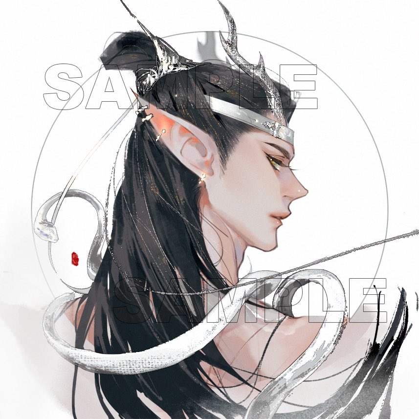 this is a digital illustration of a man with long black hair in a braid and horns, turned to the side. there is a white snake wrapped around his shoulders and back.