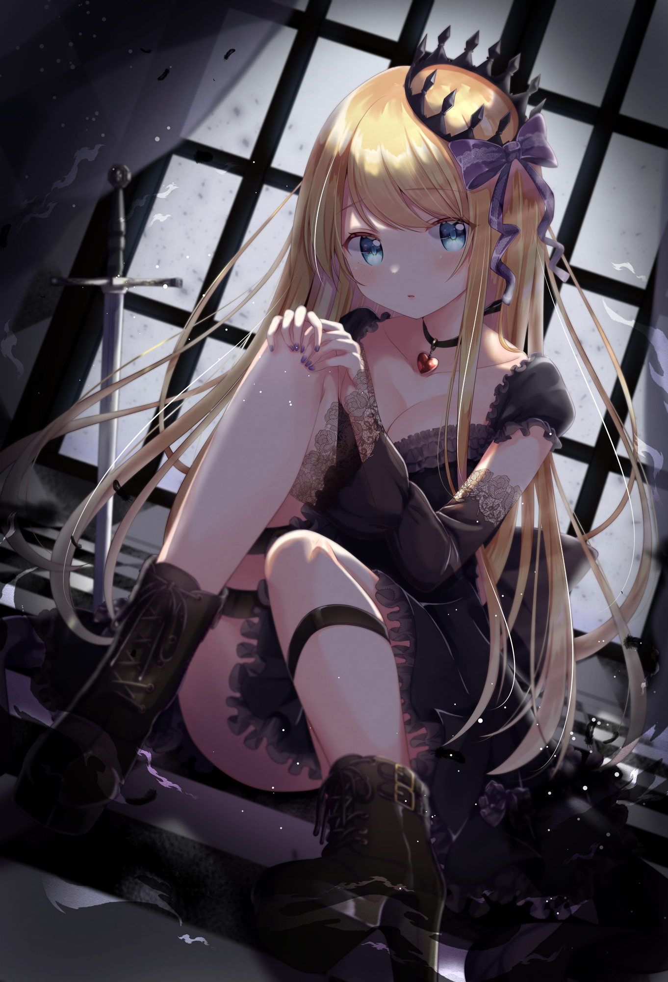 the image is a digital illustration of a cute anime girl with long blonde hair, wearing a dark gothic lolitastyle dress and black boots. she's adorned with a black crown and a purple bow. she is sitting by a window with a sword visible in the background, creating a dark fantasy atmosphere. the art style is detailed, emphasizing the character's soft features and the intricate details of her clothing.  the overall mood is dark yet charming.