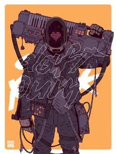 the illustration showcases a cyberpunk character against a vibrant orange background. the figure, rendered in a detailed, graphic novel style, wears a helmet with a glowing heartshaped display. they are armed with a large, intricate weapon resembling a modified keyboard or synthesizer, hinting at a musician or soundbased warrior. wires and technological accessories adorn their person, emphasizing the futuristic setting. the art style combines gritty textures with bold lines, creating a striking and dynamic image.