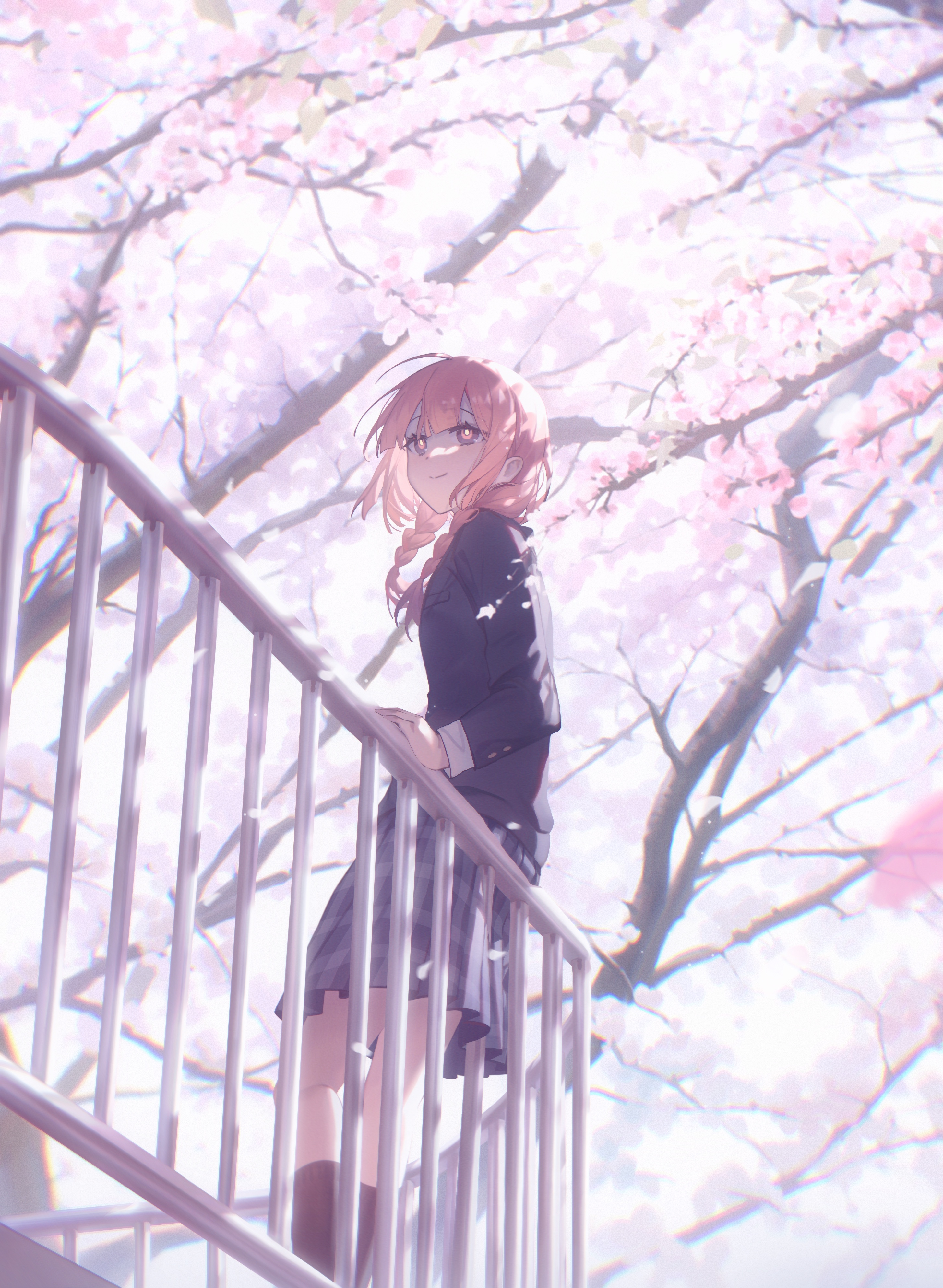 an animestyle girl with pink hair in braids stands on a staircase, leaning against the railing. she wears a school uniform and looks sideways with a subtle smile. cherry blossom trees with pink blossoms fill the background, bathed in soft, diffused light. the scene evokes a serene and peaceful atmosphere.