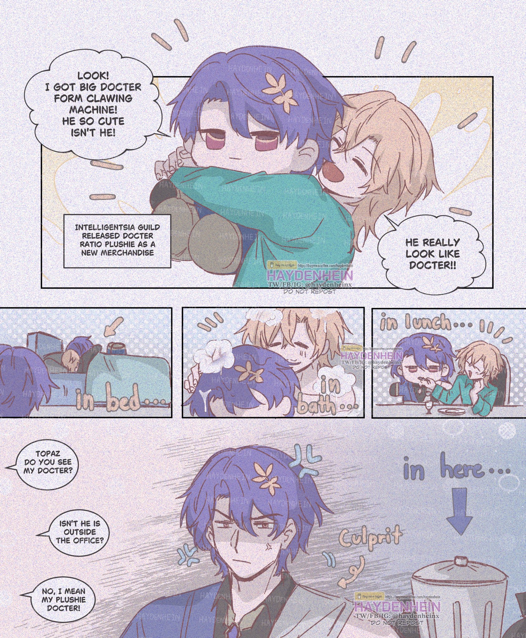 the comic strip features two characters, one with purple hair and the other with blond hair. the first panel shows the purplehaired character holding a plush toy of the blondhaired character. the plush toy is wearing a doctor's outfit. the purplehaired character is saying "look! i got big doctor form clawing machine! he so cute isn't he!". the second panel shows the two characters hugging each other. the third panel shows the purplehaired character looking at the blondhaired character who is asleep in bed. the fourth panel shows the blondhaired character in the bathtub, and the purplehaired character is looking on with a jealous expression. the fifth panel shows the blondhaired character eating lunch with another character, while the purplehaired character is looking on with a disappointed expression. the sixth panel shows the purplehaired character angrily talking to the blondhaired character, while the plush doctor is shown being thrown in a trash can. the comic is a lighthearted and humorous story about a jealous boyfriend.