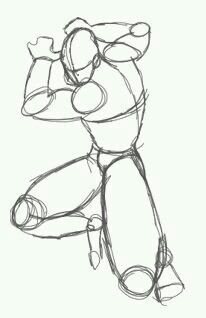 a black and white sketch of a stylized male figure in a dynamic pose. the figure appears to be a warrior or hero with exaggerated muscles and a powerful stance. the drawing is done in a simple, cartoonish style with thick lines and minimal detail.