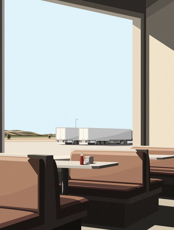 a diner interior looking out a window at a truck stop. the diner is empty except for one booth with a bottle of ketchup and a napkin dispenser on the table. the window looks out onto a clear blue sky, a desert landscape, and two semitrailer trucks parked in the distance. the sun is shining and the sky is bright.