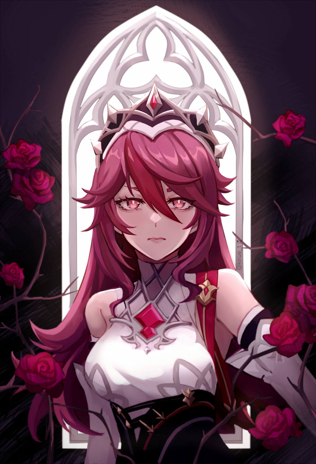 a digital illustration of raiden shogun from genshin impact. she is a beautiful young woman with long red hair, red eyes, and a crown. she is wearing a white dress with a red sash and is standing in front of a window. the window is framed by a stone archway and is adorned with roses. the background is a dark purple color, which contrasts with the bright colors of the character and the roses.