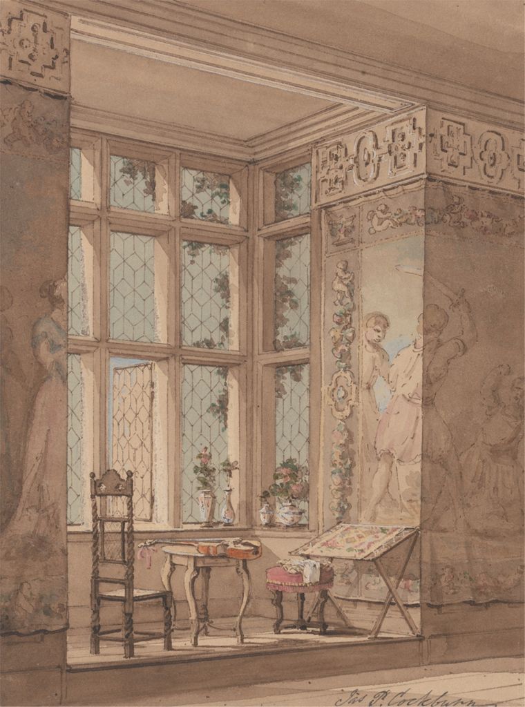 a watercolor painting depicts an interior room with a large mullioned window dominating the left side. a tall chair, a small table with a violin on it, and a cushioned stool are arranged near the window. a needlepoint or embroidery frame stands next to the stool. the right wall is decorated with a painting of figures, and the room is adorned with decorative trim. light streams through the window, casting shadows in the room.