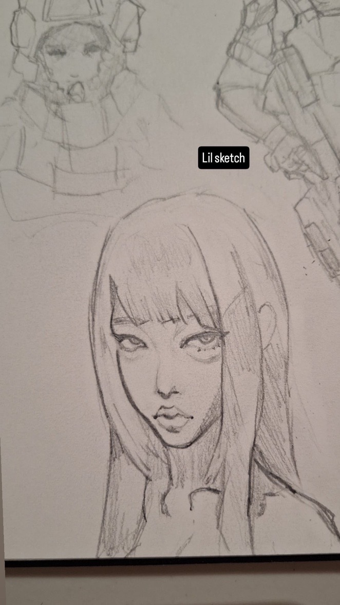 the image shows a collection of pencil sketches on a sheet of paper. the most prominent sketch is a portrait of a girl with long straight hair that falls past her shoulders. she has bangs that cover her forehead and her expression is neutral or slightly serious. the style is reminiscent of anime or manga. there are also other smaller, less defined sketches in the background including what appears to be a person in some sort of helmet or protective gear. the overall style is loose and expressive.  a small text label "lil sketch" is placed in the upper right part of the image.