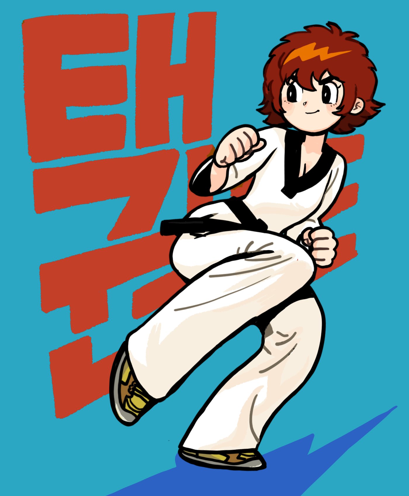 a cartoon illustration of a female taekwondo fighter midkick with the korean word for "taekwondo" in red in the background.