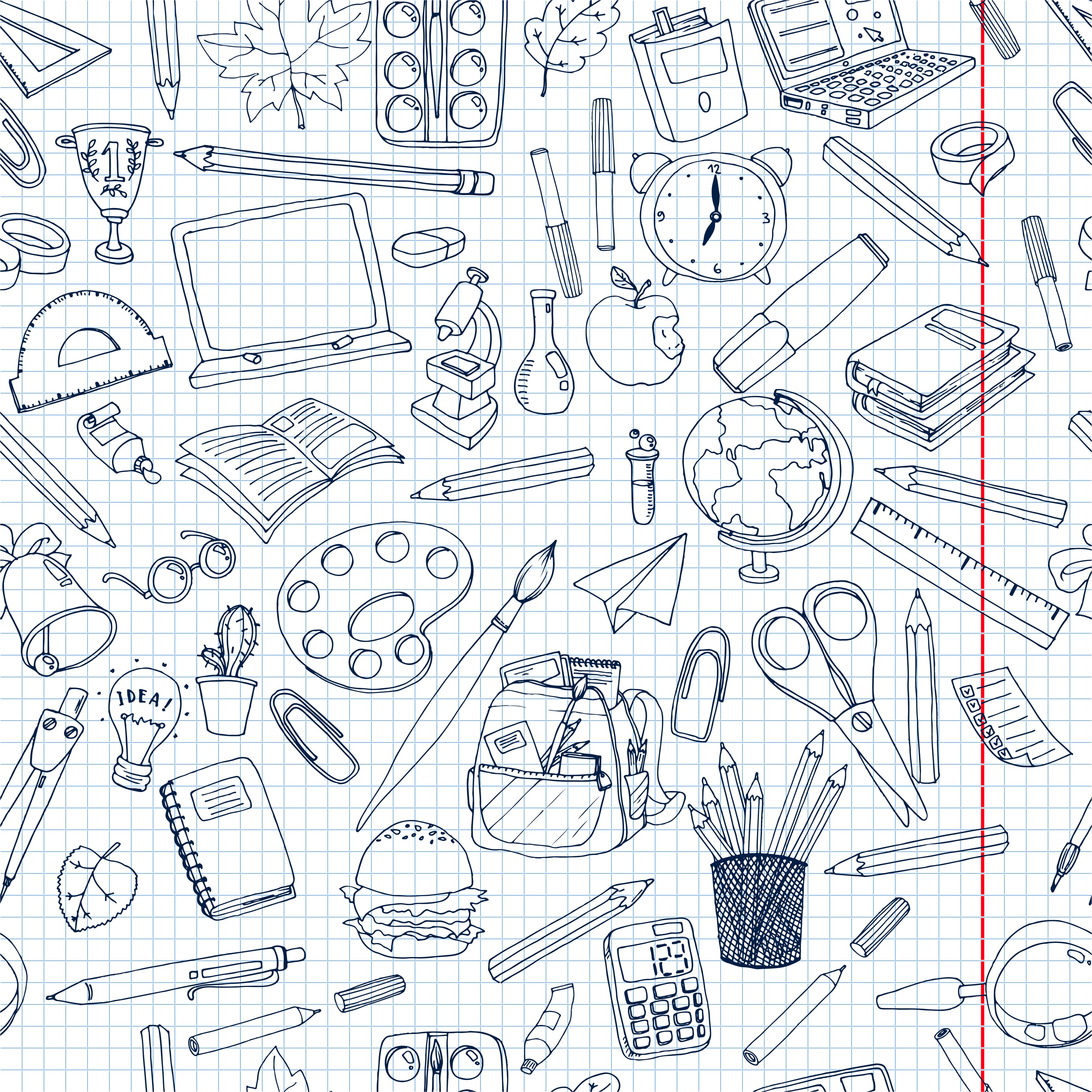 this image is a busy backtoschool themed seamless pattern.  the illustration style is a simple handdrawn line art and it's displayed against a white background with light blue graph paper lines. some of the schoolthemed elements include a laptop, backpack, apple, globe, books, paintbrushes, alarm clock, calculator, paper plane, protractor, pencils, pens, scissors, microscope, stapler, sharpener, eraser, ruler, markers, paint, test tubes, and notebooks.