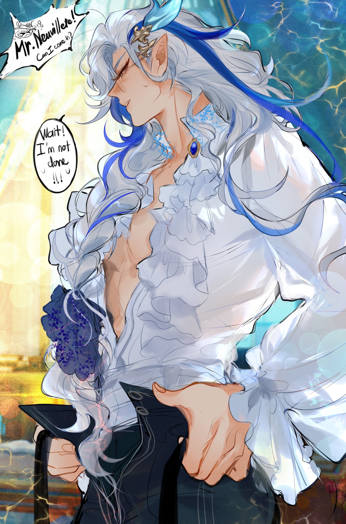 the image is a digital fanart depicting a handsome animestyle male character. he has long, flowing white hair with streaks of blue, pointed elf ears, and is wearing a stylish, ruffled white shirt that's partially open, revealing his chest. the shirt is intricately detailed and looks almost ethereal. he's dressed in dark pants, and the overall style suggests a fantasy or elegant setting. his pose is dramatic, and the lighting enhances his features.  speech bubbles with text—"mr. neuviller! can i come in?" and "wait! i'm not done!!"—add a narrative element to the piece. the background is blurry but suggests a sort of ornate, possibly magical location. the overall style is highly detailed and polished, typical of professional digital art.