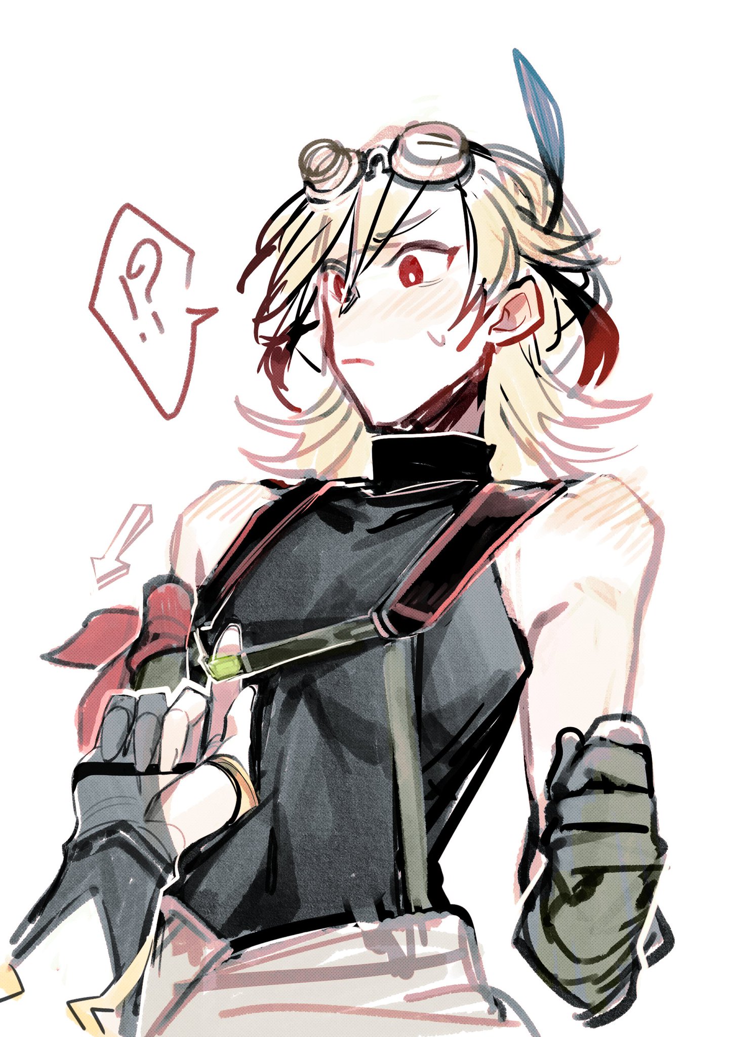 an anime style drawing of a young woman with blonde hair, red eyes and goggles. the woman is wearing a black and red sleeveless shirt with black pants, a red strap with a metal buckle and a red scarf around her arm.  she has a confused expression on her face.  the art style is a soft, light style with a rough textured brush.