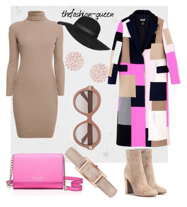 the image displays a curated collection of women's fashion items arranged on a white background. the ensemble includes a ribbed knit midi dress with a turtleneck, a pink kate spade purse with a chain strap, a black floppy hat, a pair of studded round earrings, roundframed sunglasses, a beige watch with a patterned strap, a patchwork long coat featuring a mix of colors, and a pair of beige suede heeled ankle boots. the layout suggests a coordinated outfit or a style guide, highlighting complementary colors and textures.