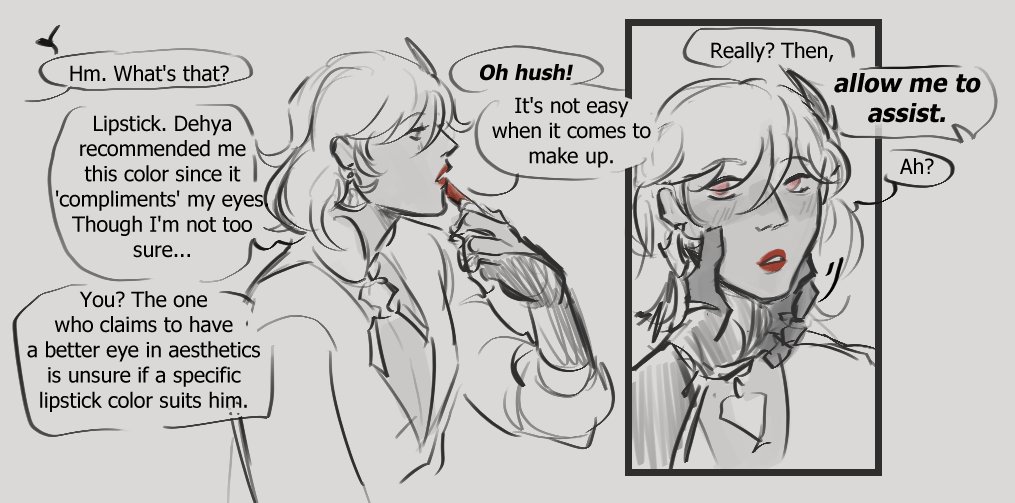 this is a comicstyle drawing of two people, one male and one female. the woman is wearing a lipstick while the man is watching. the man is looking at the woman's lip, which is red, and he is asking if the color suits the woman. the woman is explaining that she thinks the color compliments her eyes.