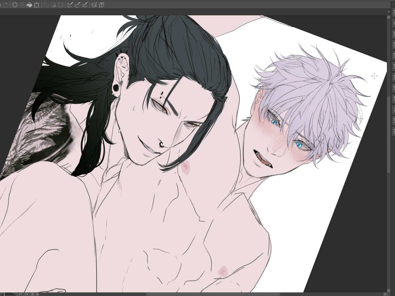 this is a digital illustration of two anime boys in a romantic pose. the boy in the foreground has long black hair and is looking down at the boy in the background, who has short white hair and is looking up at the boy in the foreground. they both appear to be blushing, and the background is a simple white.