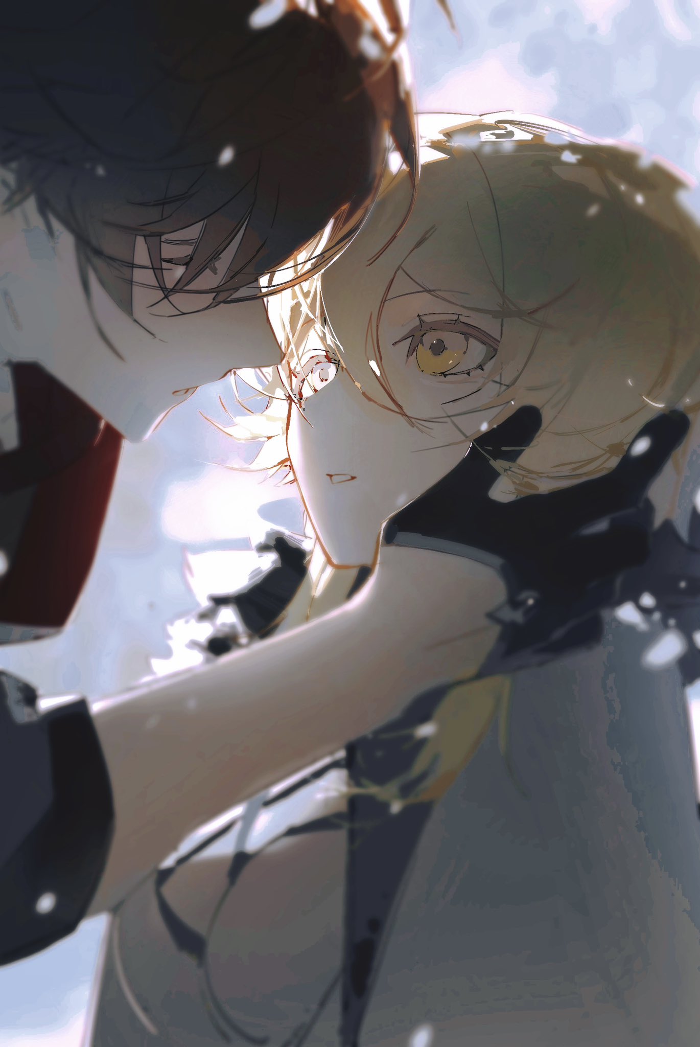 an animestyle image shows two males in a close and tender moment. the character on the left has short, dark hair and appears to be leaning in. the other character has short, blonde hair and striking yellow eyes. a blackgloved hand gently holds the blonde character's face. they seem to be about to kiss.