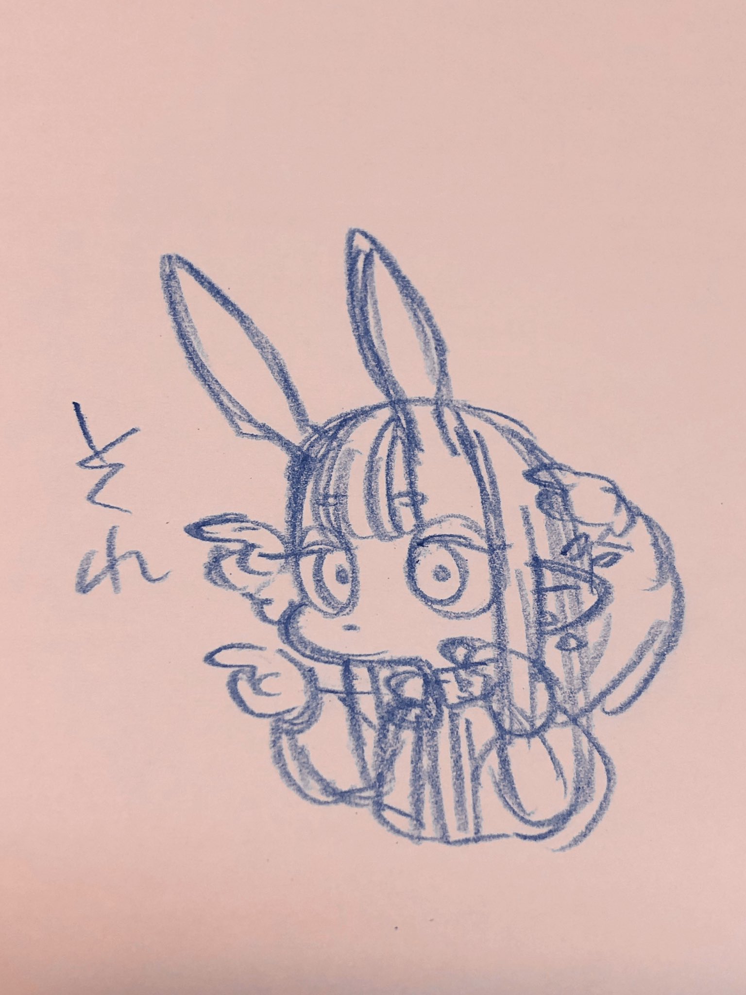 a pencil sketch on pink paper of a surprised bunny girl. she has long hair, bunny ears and large eyes. she appears to be wearing a collared shirt or dress with a bow. there is a japanese sound effect near her head.