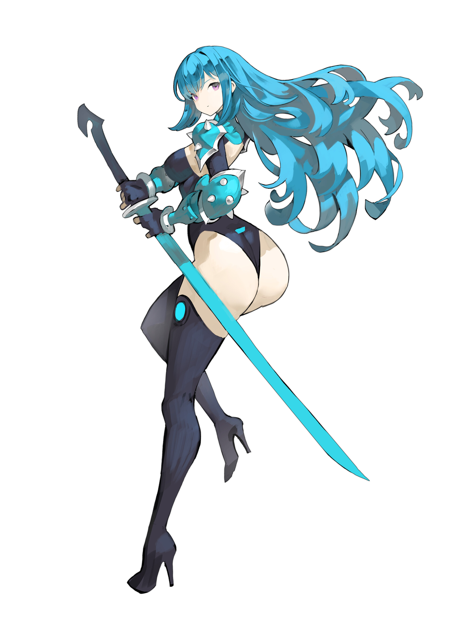 an animestyle woman with long, wavy blue hair stands in a dynamic pose holding a light blue sword. she is wearing a black bodysuit with light blue accents and thighhigh boots with heels. the overall style is fantasyoriented, suggesting she is a warrior or fighter character. the background is plain white.