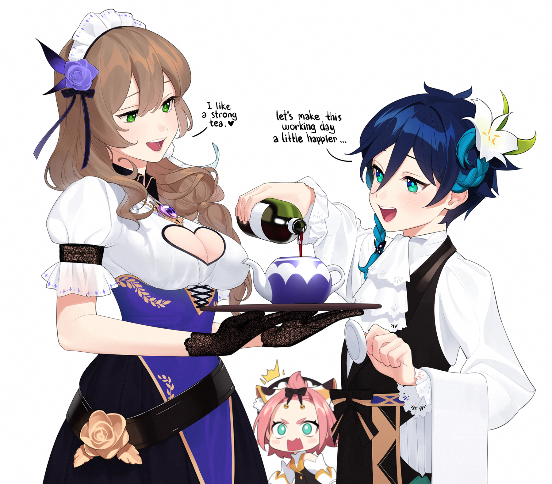 in this lively anime scene, a maid with long brown hair and piercing green eyes stands smiling, about to receive a cup of tea. a mischievouslooking butler with blue hair pours a dark liquid, presumably wine, into the cup, playfully suggesting a way to make their workday "a little happier." he winks, hinting at a flirtatious undertone. meanwhile, a small girl with pink hair peeks from behind the serving tray, her expression a mix of surprise and annoyance. the scene is bright and cheerful, full of playful energy. ```