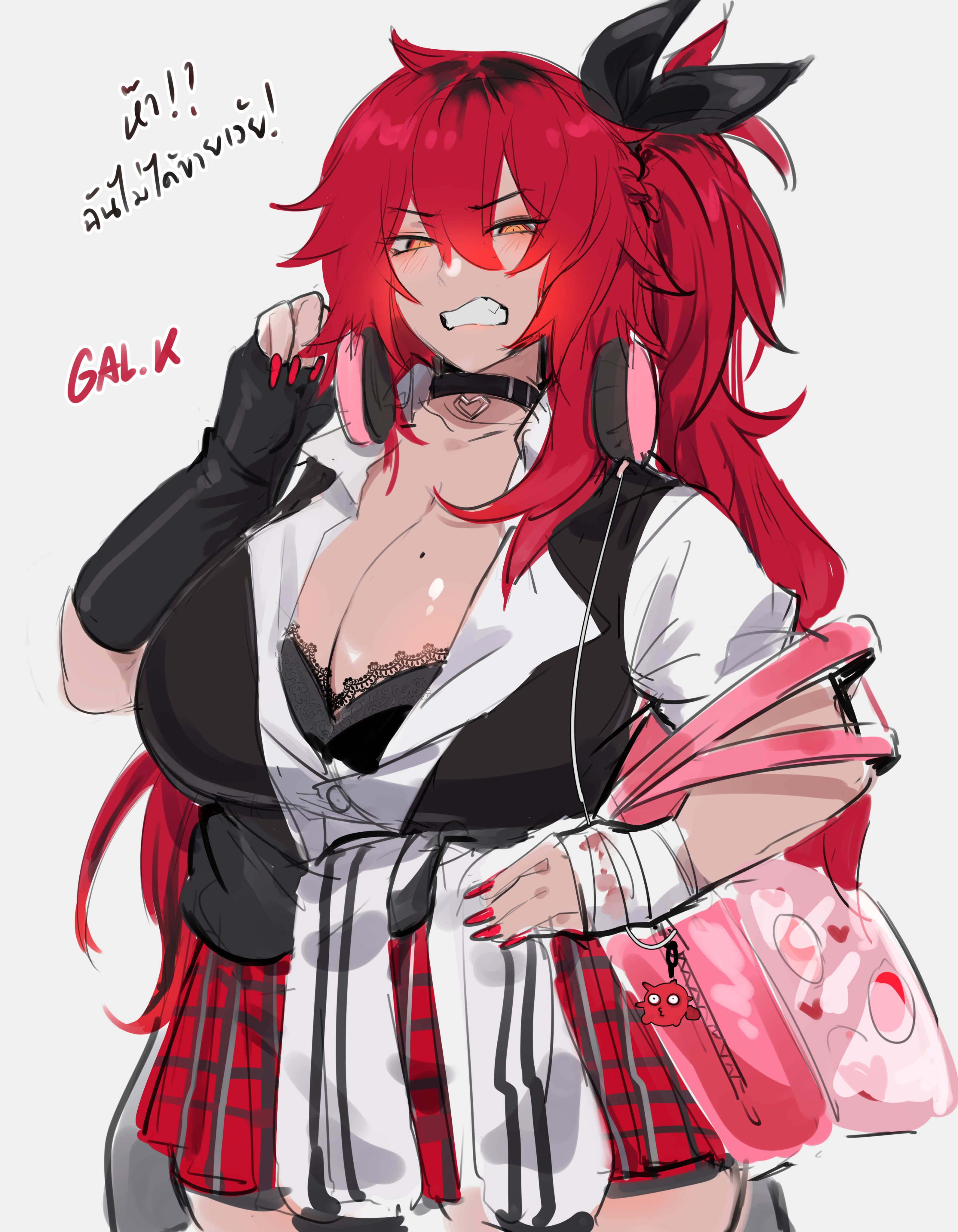 a digital illustration of an anime girl with red hair, wearing a school uniform. she is wearing a white shirt, black jacket, and red skirt, with a black bag in her hand. she has a pink bag with a little pink cartoon on it, hanging from the black bag. she is wearing black gloves and pink headphones. she looks angry, with her brows furrowed and her eyes squinted.