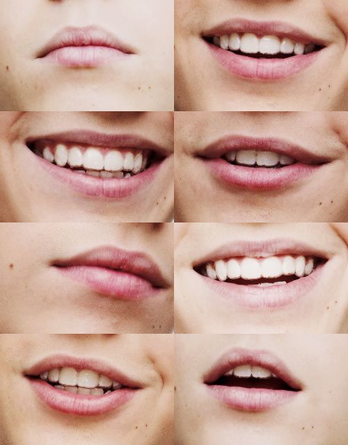 this is a closeup photo of a young woman's lips. the image is divided into 6 parts, each showing a different expression of her lips. she is smiling in some pictures, while she is just showing her closed lips in others. the image highlights the beauty of a woman's lips and the different expressions they can convey.