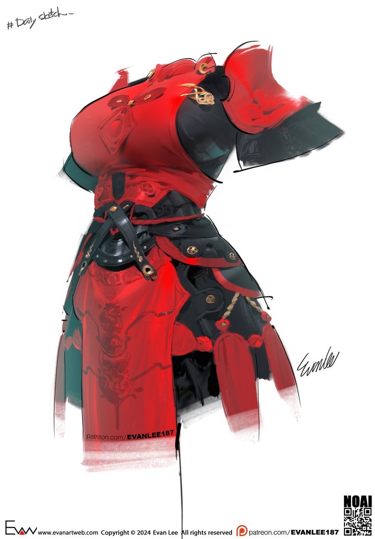 the image is a digital painting or sketch of a female character wearing a vibrant red and black fantasy armor. the style is dynamic and artistic, with a flowing robe and detailed armor pieces. the character's pose is powerful and confident, with a hint of elegance and sexiness. the overall aesthetic is heavily influenced by asian, particularly chinese, design elements. the art is labeled as a "daily sketch" and includes artist signature and online handles.  the coloring and brush strokes give a feeling of motion and energy.