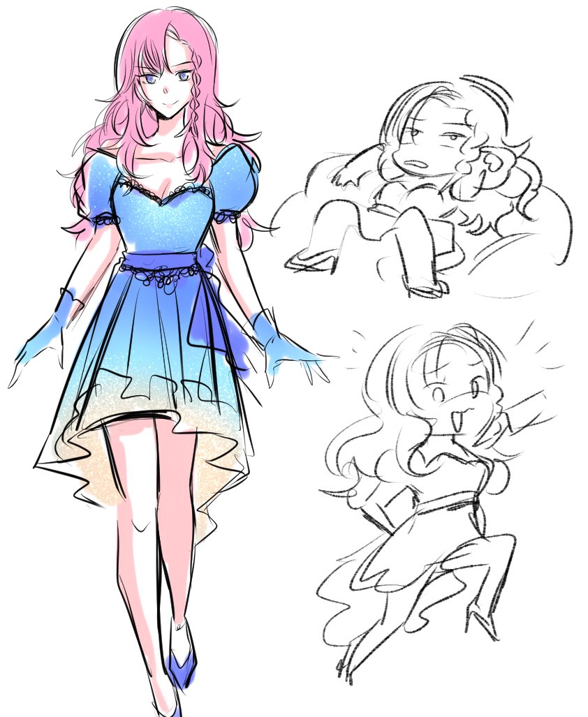 this is a handdrawn illustration of three anime girls. the girl on the left is dressed in a blue and white dress, the girl on the right is dressed in a shorter black dress, and the girl in the middle is dressed in a white dress. the left girl is more detailed with her clothing, while the middle and right girls are more simplified with their clothing. the middle girl has a shocked expression, while the other girls have neutral expressions.