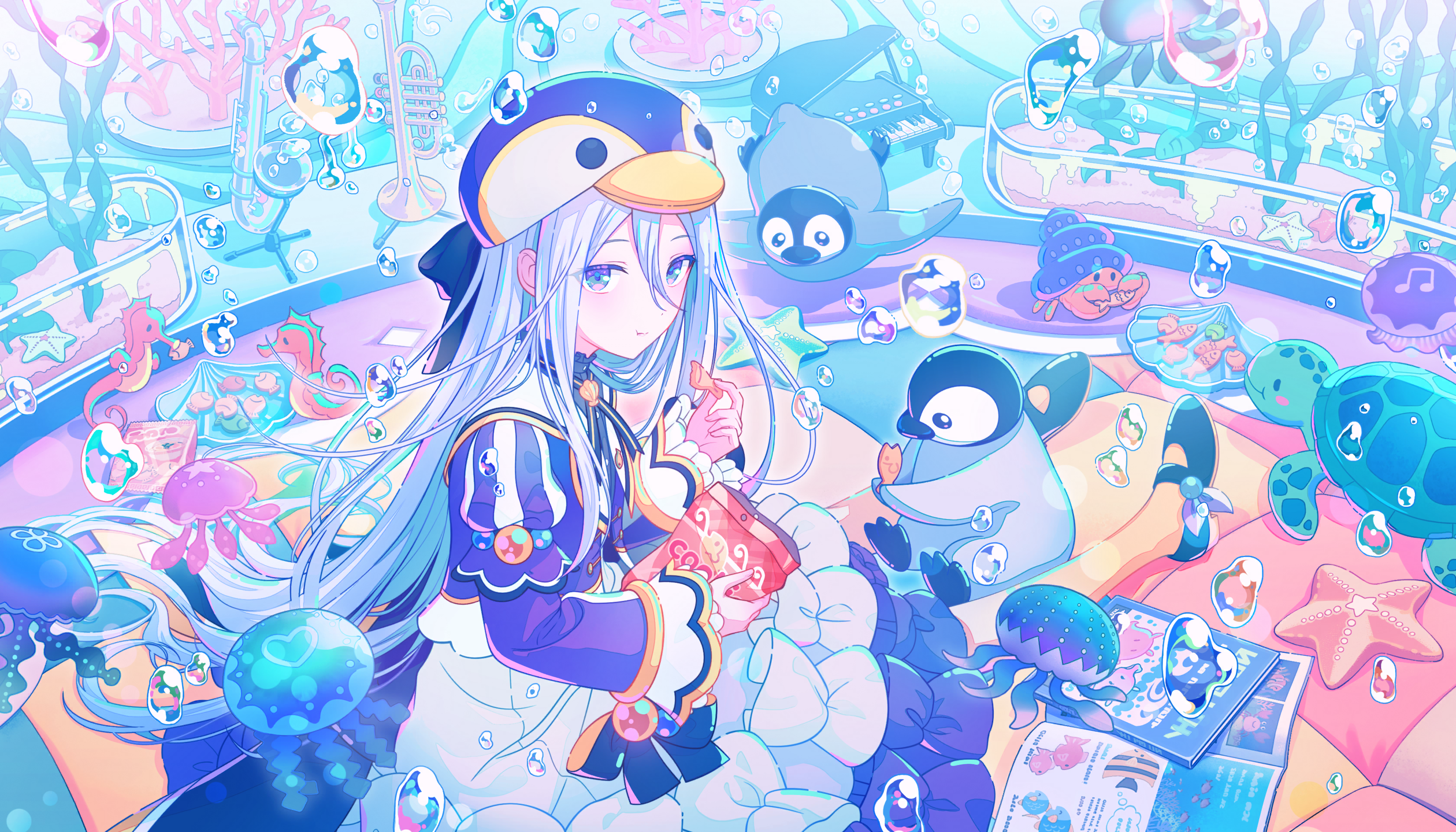 an illustration featuring an anime girl wearing a penguin hat, surrounded by various sea creatures and musical instruments in an aquariumlike setting with bubbles floating around. there are seahorses, jellyfish, turtles, starfish, and penguin figures alongside a piano, saxophone, and trumpet. the scene has an overall aquatic and whimsical theme.