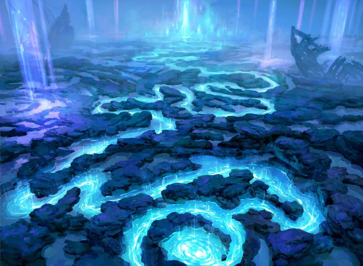 the image depicts a fantastical landscape with a glowing blue stream winding through a dark rocky terrain. a shipwreck and other ruins are scattered around. beams of light descend from above, adding to the mysterious and magical atmosphere. the overall scene feels like an underwater or ethereal fantasy world.
