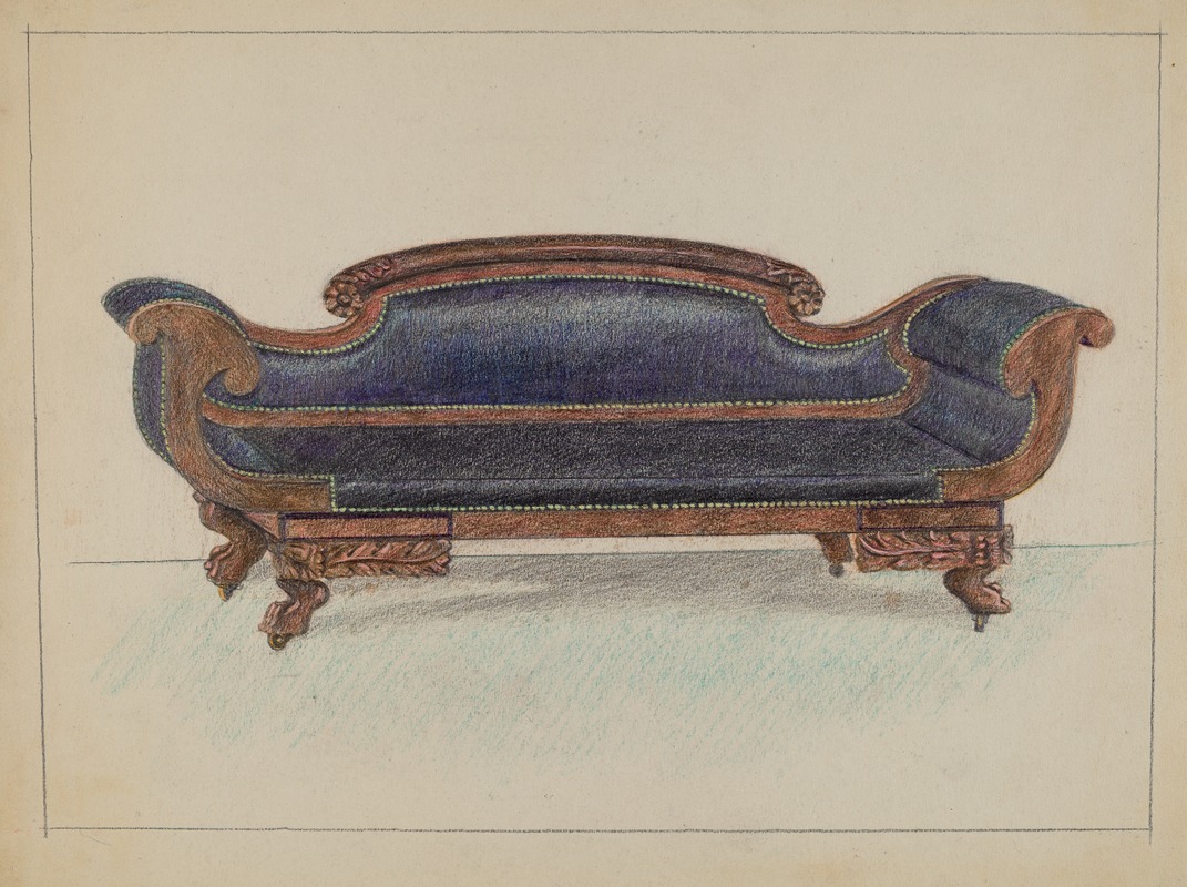 an illustration of an antique chaise lounge with a dark upholstered cushion and ornate wooden frame. the chaise lounge has curved ends, carved legs, and a decorative back. the illustration is drawn with colored pencils on paper.