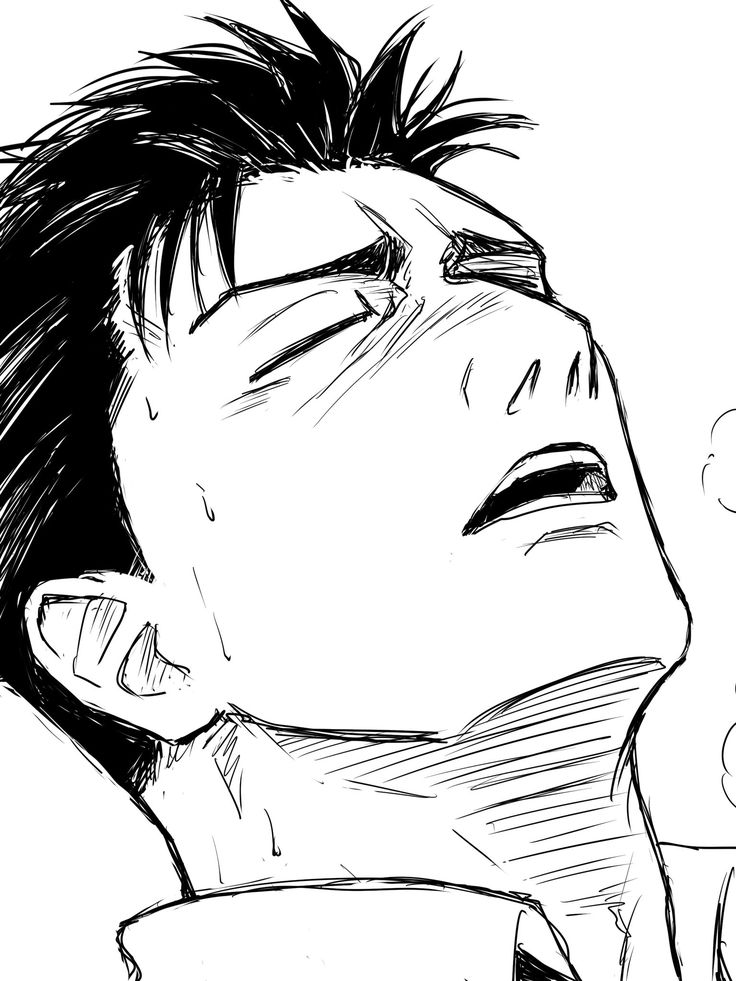 the image is a black and white sketch of a man's face. his eyes are closed, and his mouth is open in what appears to be an expression of pain or exertion. sweat is visible on his forehead and neck. his hair is styled in a spiky fashion. the drawing style is reminiscent of anime or manga. the overall mood of the image is intense and dramatic.