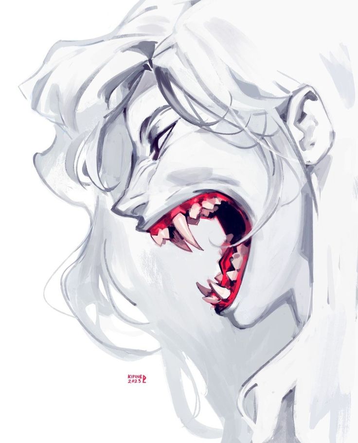 this is a digital illustration of a vampire with long white hair and red eyes. their mouth is open wide revealing sharp fangs and red gums. the image is drawn in a dark, gothic style and gives off a sense of horror and danger. the background is white and there is a signature at the bottom of the image.