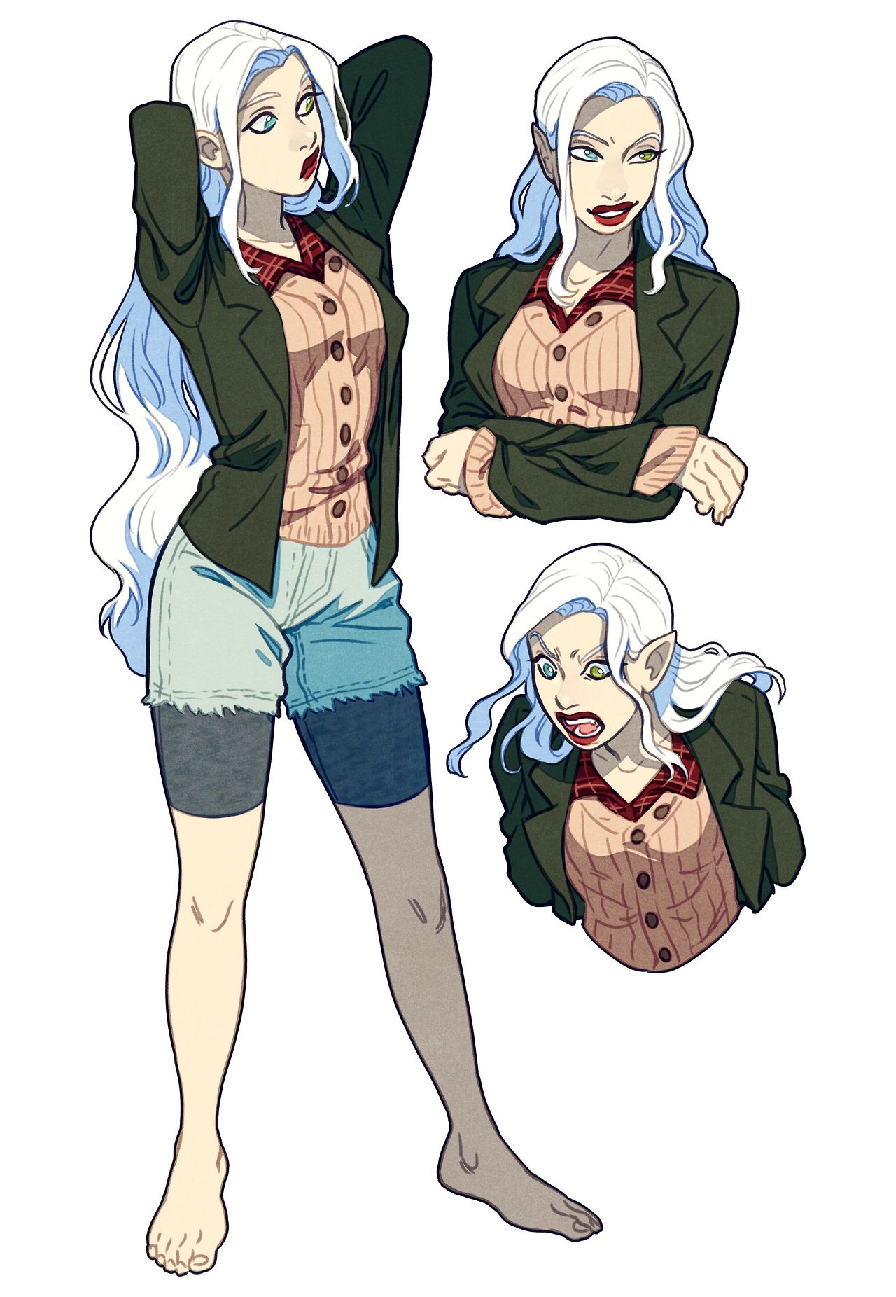 this image showcases character design concepts, likely for a comic book or graphic novel. it features an elf woman with long white hair, pointed ears, and vibrant green and blue eyes. she’s dressed in a casual, urban fantasy style: a green jacket, a red and white patterned sweater, denim shorts, black thigh highs, and no shoes. three different poses capture her personality—confident, sassy, and surprised—allowing for a wellrounded understanding of her character. the style is reminiscent of comic book art, with clean lines, exaggerated features, and vibrant, flat colors.