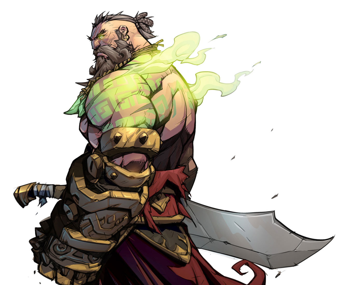 this is a digital illustration of a strong male warrior wearing gold armor, with a beard, and green fire around him, against a white background. the warrior has a muscular build and is holding a sword with one hand.
