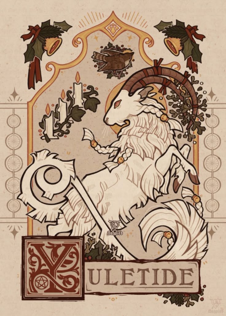 this image is an illustration featuring a goat or capricorn, heavily stylized in a medieval or paganinspired art style with winter solstice themes. the goat is central, depicted with stylized fur and horns, and adorned with mistletoe. the illustration includes elements like candles, christmas bells, and a wren, all of which are associated with yule or yuletide. the text "yuletide" is prominent, and a decorative initial "y" with a pentagram is included. the overall design is reminiscent of vintage greeting cards or tarot cards. the artist is identified as "magpieb".
