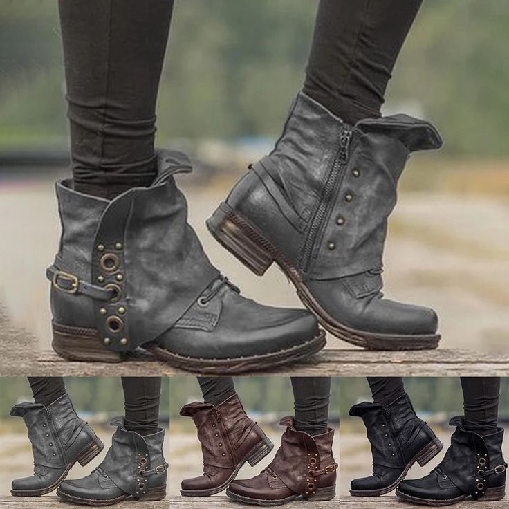 the image shows different types of women's boots in black, brown, and gray colors. the boots are made of leather with a zipper closure and buckles.