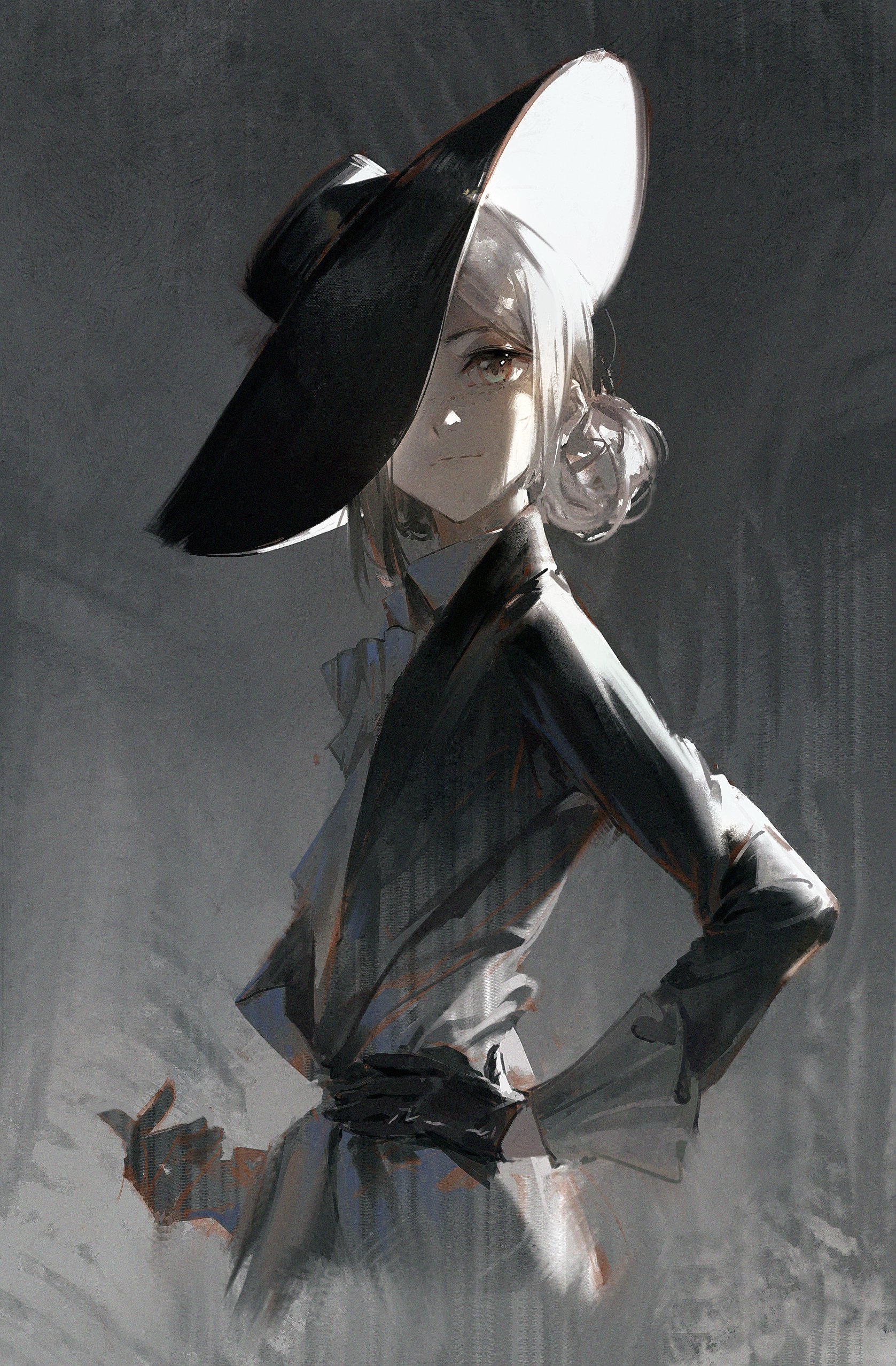 a portrait of a beautiful anime girl wearing a stylish black hat and a black dress. the girl's long white hair is pulled back from her face. she's looking away with a serious expression, and she stands against a dark gray background. the illustration is done in a digital style, with soft shadows and highlights.
