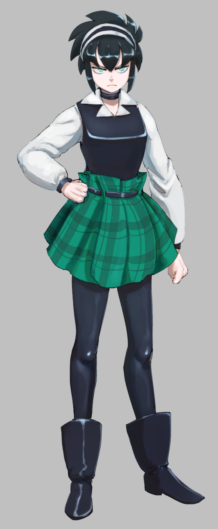 a young anime girl with black hair is wearing a black dress and a green plaid skirt. she has on black tights and black boots. she is looking angry, and her hair is pulled up in a ponytail.